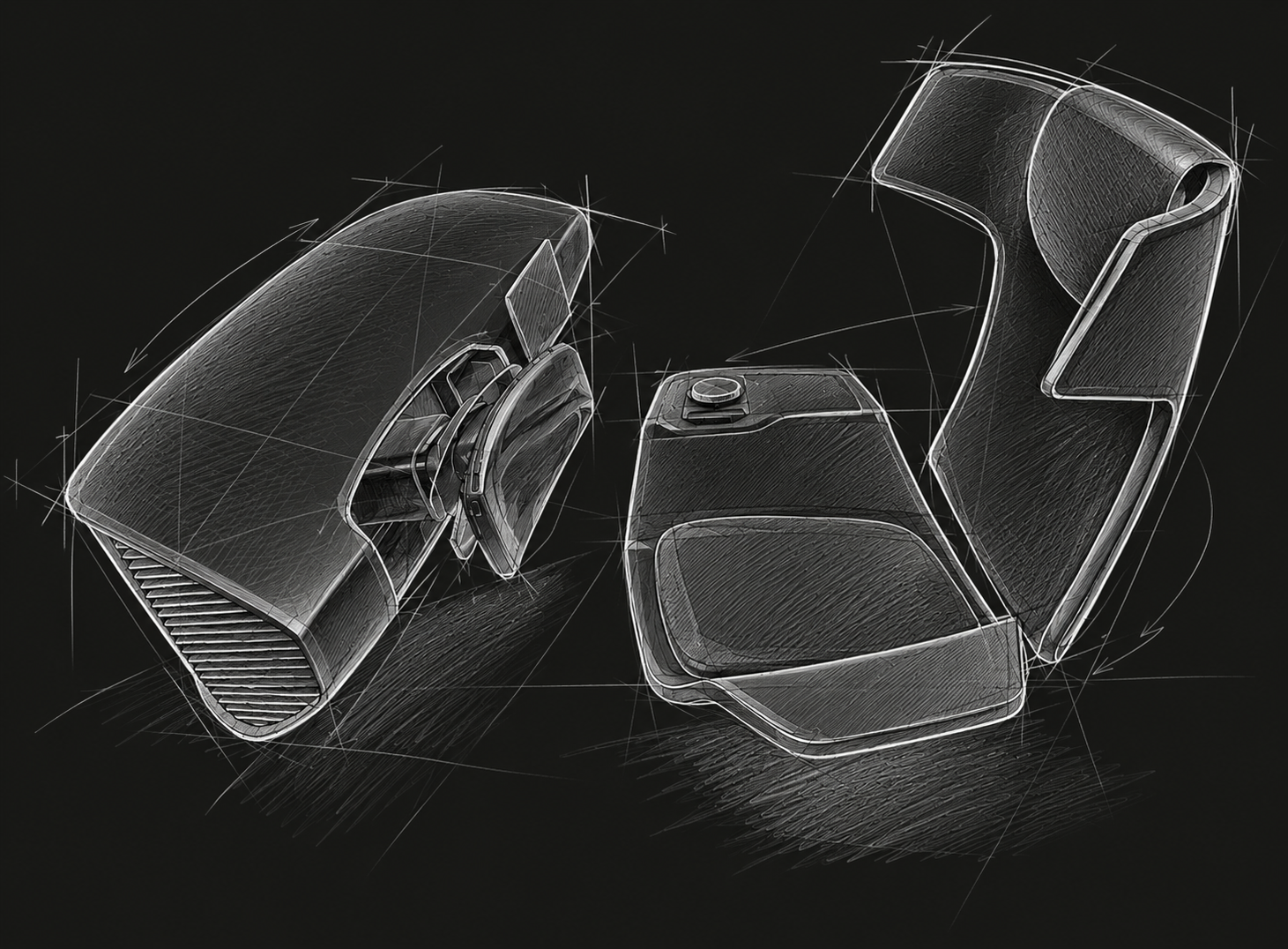 Centronic MMA armrest concept sketches — two views of the control unit hardware
