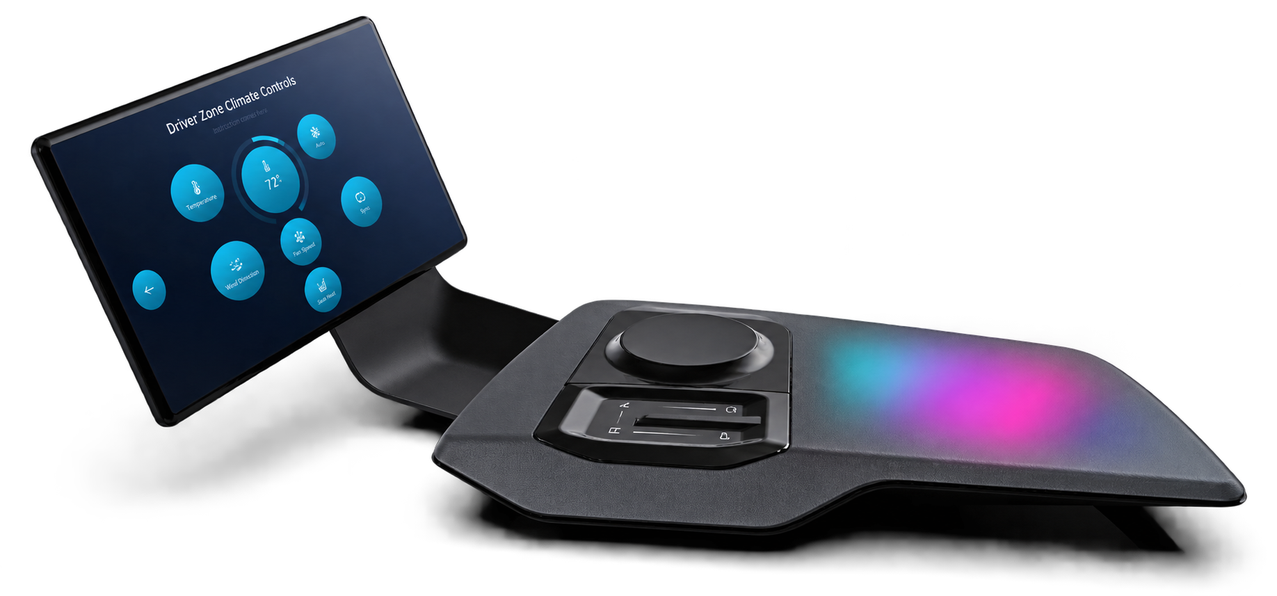 ZF Centronic ACP demonstrator — armrest control unit with MRF knob paired with tablet display